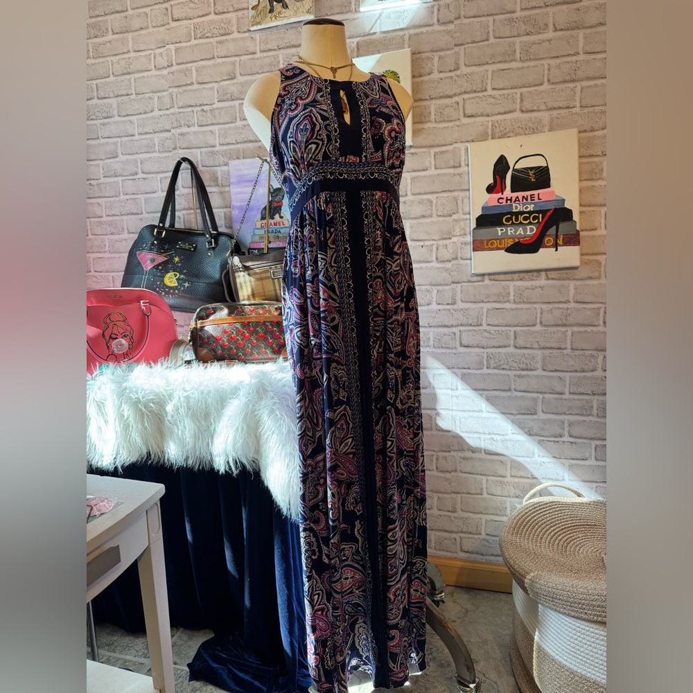 INC International Concepts Navy Paisley Halter Maxi Dress